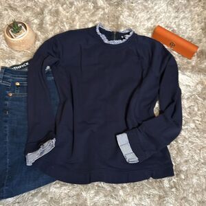 EUC Carolina Belle Navy Blue and Pinstripe Ruffle Cuffs Neckline Small